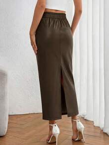 PRETTYGARDEN Women's New Fall Faux Leather Maxi Skirt, High Waist, Elegant Casual Pencil Maxi Skirt Slit Design New Years Valentine Vacation Skirt - 咖啡 - 查看 2