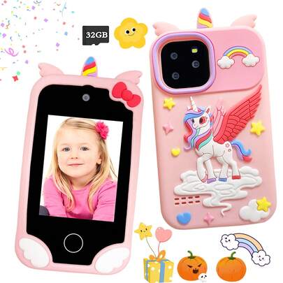 适合3-10岁儿童的智能手机玩具，独角兽和恐龙造型，柔软硅胶外壳，益智学习玩具，支持内存卡，多功能应用程序，适合户外玩耍、居家庆祝和日常生活，是3-10岁儿童生日的绝佳礼物