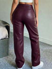 Women's High Waist Glossy PU Leather Wide Leg Pants, Matte Coating, Fashion Versatile, Suitable For Party, Commute, Music Festival, Vacation, Casual Straight Leg Pants, Spring/Summer Essential, Bestseller, Y2K Style, Suitable For Party, Commute, Holiday, Festival, Outdoor Activities, Spring/Summer Wear, Suitable For Tall Women, Outerwear, Black, Trousers - Burgundy - 1 - View 7