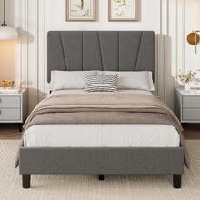 Dragonpad Upholstered Bed Frame With Adjustable Headboard, Twin/King/Full/Queen Size Linen Fabric Upholstered Platform Bedframe With Strong Wooden Slats, Mattress Foundation, No Box Spring Needed, Easy Assembly - Gray-Twin Size - 查看 5