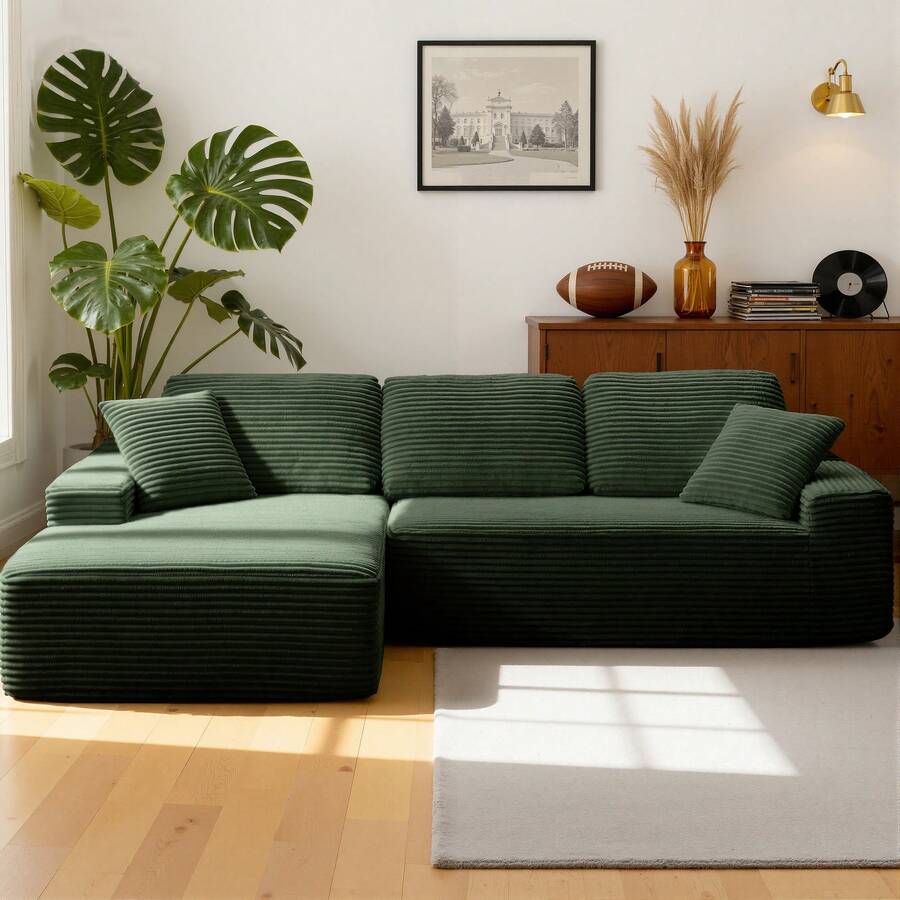 109"Boneless Sofa With Chaise, Modular Sectional Sofa, L-Shaped Cloud Couch With Deep Seat, Convertible Sofa Bed For Living Room, No Assembly Required - Green - View 1