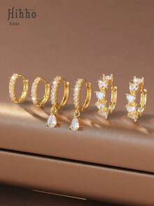 Hihho 6pcs/Set Zirconia Stud Earrings Set, Stud Structure + Full Zirconia Pave + Multi-Style Combination Balancing Simplicity And Decoration. Heart Zirconia + Water Drop Pendant + Plain Hoop Full Zirconia, Strong Luster, Suitable For Daily, Commuting, Light Social Occasions And More - Gold - View 12