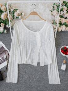 女士轻薄透视长袖短款罩衫，休闲薄针织透视罩衫 - 白色 - 查看 8