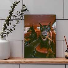 1幅无框复古杜宾犬艺术海报 - 竖版无框帆布墙饰，波西米亚/古典/艺术装饰风格水墨画，适合男士专属空间、宠物房 - 酷炫杜宾犬汽车或站立姿势 - 适合所有季节的爱狗人士的复古礼物 - 3 - 查看 3