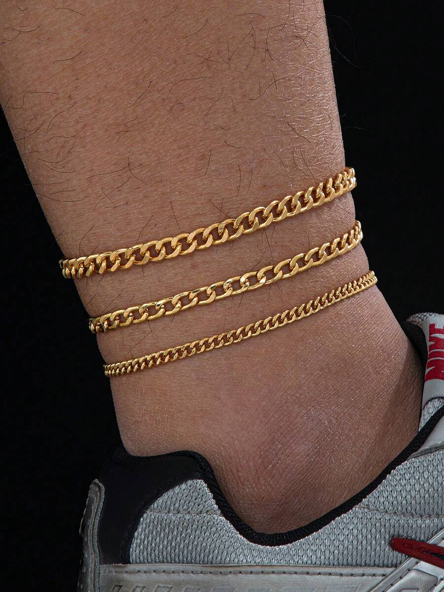 3 piezas de tobilleras de cadena de metal estilo hip hop punk personalizadas vintage básicas minimalistas para hombres, adecuadas para uso diario, festivales, regalo - Dorado - Ver 1