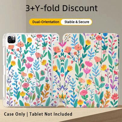 1pc 3+Y-Fold Tablet Case, Floral Pattern, Multiple Support Methods, Compatible With Huawei MatePad SE 11", MatePad 11 Inch, MatePad Pro 12.2 2024, Honor Pad X9A 2025, Honor Pad 9, Honor Pad X9 Pro 2025, Pad 6, Pad SE 11", Pad 2 Pro 12", Pad 2 11", Galaxy