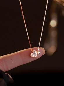 1件S925纯银极简心形吊坠项链，精致清新优雅双心锁骨链，优雅日常佩戴首饰礼品 - 愛心 - 查看 15