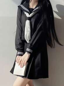 一套日式学生制服套装 - 黑色衬衫 + 黑色裙子 + 领带 水手服，可爱校园JK制服，适合毕业照、角色扮演、化妆派对、花园约会、情人节等场合。 - 黑色 - 查看 6