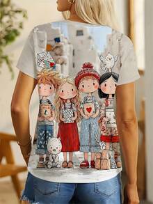 女士可爱印花T恤，女孩艺术图案印花春夏女装，女士休闲圆领短袖T恤 - 淺杏色 - 查看 2