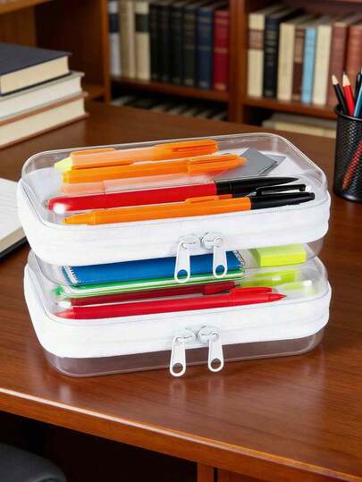 2pcs Transparent Pencil Case - Portable Travel Storage Box Suitable For Cosmetics, Toys, Snacks, Stationery, Toiletries, Stackable Space-Saving With Zipper Closure, Hard Shell Waterproof Storage Pouch