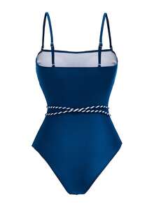 Allurini Bộ đồ bơi liền thân phong cách Boho thanh lịch dành cho nữ với dây đeo mảnh, chi tiết thắt lưng hình vỏ sò và chân váy xẻ tà co giãn cao, hơi xuyên thấu, thích hợp cho kỳ nghỉ. - Màu xanh hải quân - Xem 3