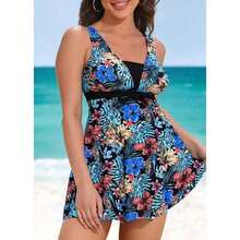 V Neck Floral Swimdress - Women's One Piece Swimsuit Tummy Control Bathing Suit With Skirted Hem, Modest Swimwear For Beach, Pool, Vacation, Plus Size Available - 多色1433 - 查看 3