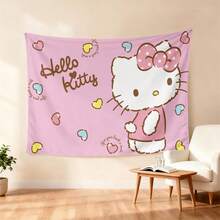 SANRIO 1件三丽鸥Hello Kitty挂毯 | 可爱粉色房间装饰，饰有波点蝴蝶结、彩色爱心点缀和甜美文字元素，涤纶材质，时尚主题，布料，家居装饰品，生日圣诞礼物 - 彩色 - 查看 5
