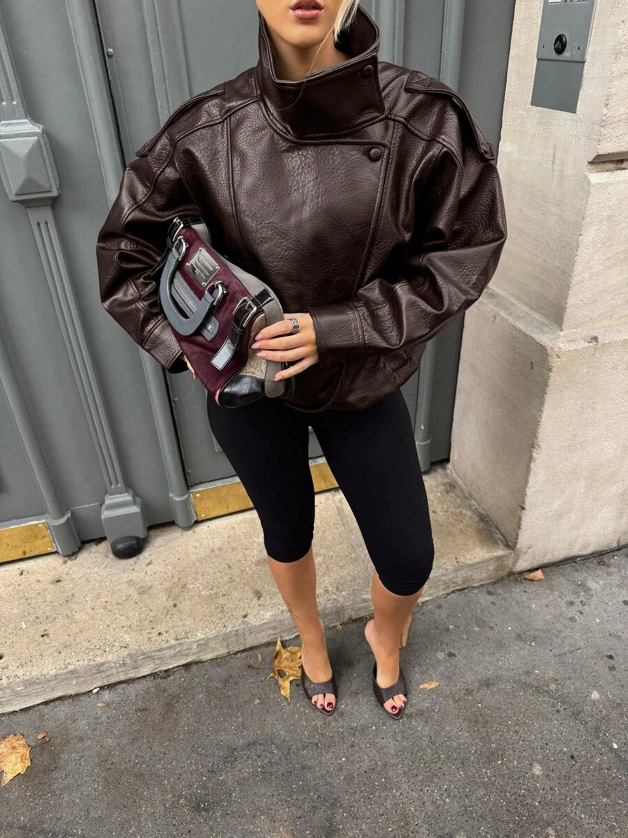Women's Casual Solid Color Front Button Pocket Jacket, Pocket Detail Lightweight Coat For Autumn/Winter Spring - Brown - View 1
