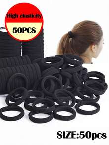 50pcs Black Simple Plain Color Elastic Hair Tie, 50pcs Autumn New Arrivals Casual Daily Black Elastic Hair Accessory For Women, Minimalist Ponytail Holder, Hairstyles Ideas, Rubber Band, Hair Accessories Set Autumn New Arrivals - 50pcs - View 12