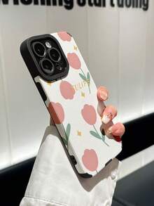 1pc TPU Cat Eye Vertical Striped Phone Case, Pink Tulip Pattern Design, Minimalist & Fashionable, Soft & Comfortable Grip, Compatible With IPhone/16/15/14/13/12/11/Plus/Max/Pro - Multicolor - View 2