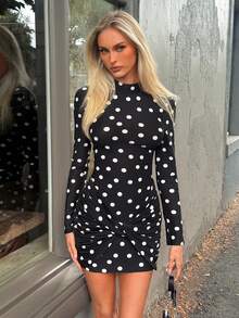 Casual Chic Black And White Polka Dot Backless Mini Dress - Twist Front Detail, Ideal For Spring Summer Outfit, Date Night, Vacation, Casual Going Out, Festival, Graduation Party - Black - View 3