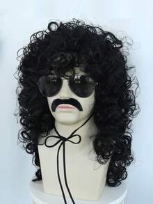 70s And 80s Men's Medium To Long Black Curly Hair Wig, With Beard Glasses, Rock Carnival Costume, Cosplay, And Curly Hair Wig - Black - View 7