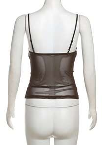 Women's Sexy Spaghetti Strap Semi-Sheer Mesh Tank Top, Summer Outfits, Y2K Style, Holiday Wear - Brown - View 8