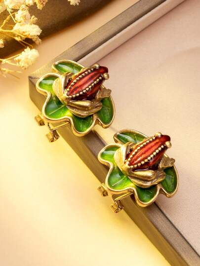 1对新款中国风荷花池蛙耳环，珐琅荷叶复古奢华个性化耳环，女士款