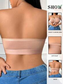 1件大码女士纯色休闲舒适简约针织面料前扣无钢圈文胸，四季皆宜 - 杏色 - 查看 2