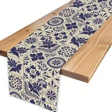 Trilho de Mesa com Padrão de Azulejos Azul e Branco Mexicanos - Design Floral Branco, Perfeito para Festas de Carnaval, Decoração de Jantar Interna/Externa, Festas com Tema Mexicano - Multicolorido - Visão 9