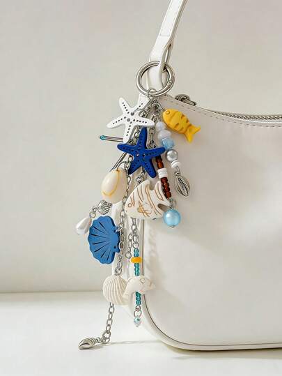 手工新款海星钥匙扣，海洋系列装饰品，海洋元素钥匙扣，包包挂件，汽车挂饰 - 3D贝壳，海星，贝壳，珠子，海豚和鱼形吊坠，适用于包包、背包、车钥匙、手机壳、DIY工艺品、包包挂件、包包链、包包装饰、女士手提包挂件、行李箱装饰、单肩包配件、多功能包包挂件、汽车装饰、可爱哥特Y2K风格、节日礼物