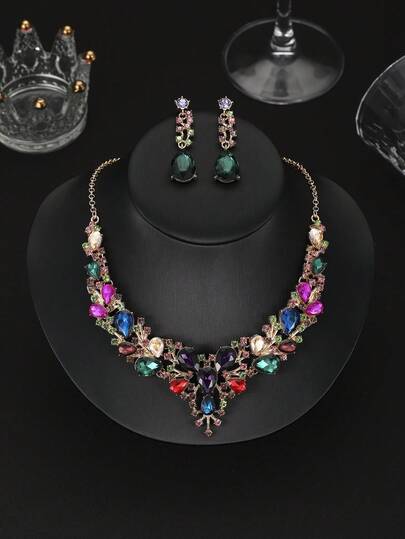 3pcs/Set Vintage Exaggerated High-End Bridal Jewelry Set, Necklace And Earrings, Suitable For Banquet, Ball, Party