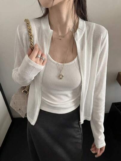 Chill Style White Lightweight Sheer Zip-Up Knit Cover Up, Effortless Chic Loose Fit Spring/Summer Sunscreen Cover-Up, Layering Essential For Gentle Elegant