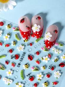 Set de 2 pegatinas de arte de uñas 5D estereoscópicas con abeja, mariquita, margarita, tulipán, hoja verde y enredadera, decoración de uñas DIY para primavera/verano - Multicolor - Ver 9