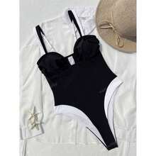 Women's One Piece Swimsuit Black & White Striped - Sexy Deep V Monokini With Detachable Swim Skirt Cover Up; XL Size Bathing Suit For Beach & Pool - 多色546 - 查看 5