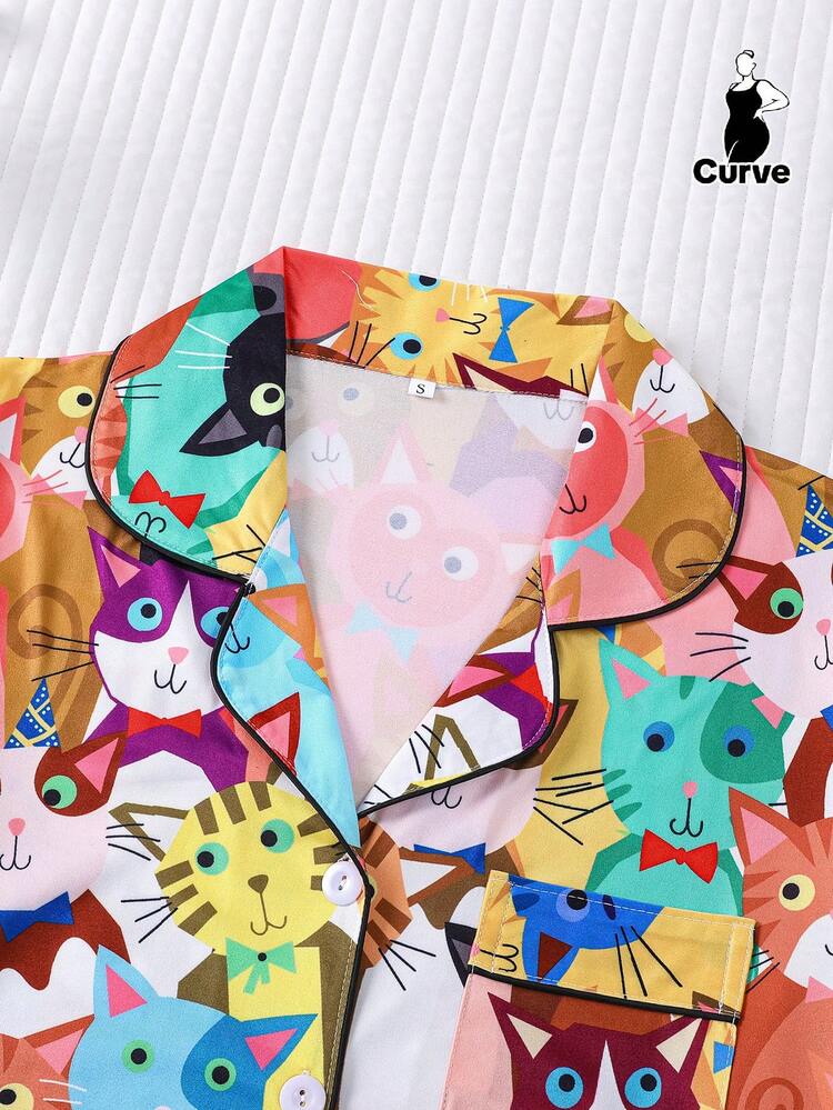 2pcs Colorful Funny Cute Cat Print Pajama Set, Comfortable Short Sleeve Cardigan Shirt And Elastic Waist Shorts, Stylish For Outdoor And Indoor Wear, Suitable For All Seasons - Multicolor - View 7
