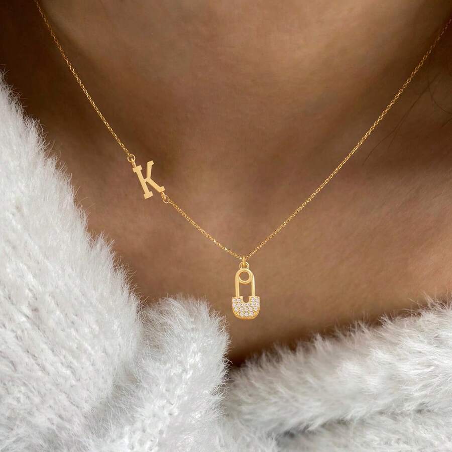 1pc New Classic Initial Pin Pendant Golden Stainless Steel Chain Necklaces For Women - Yellow Gold - View 1