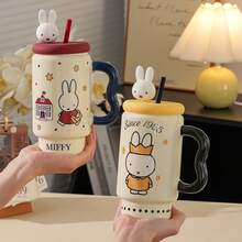 Taza de café de cerámica con tapa y pajita de Miffy de gran capacidad con licencia oficial - Adorable taza decorativa con forma de conejo de anime japonés 3D - Recipiente perfecto para bebidas calientes/frías en el hogar/oficina - Regalo ideal de cumpleaños/festividad para adolescentes, adultos y fans del anime - Multicolor - Ver 6