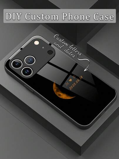 1pc Customized Couple Initial & Anniversary Date Phone Case, Crescent Moon Pattern Liquid TPU Full-Wrap + Tempered Glass Material Shock-Resistant Scratch-Resistant Phone Cover Compatible With IPhone 17 Pro Max/16 Pro Max/15 Pro/14 Plus/13 Pro/12 Pro Max/11/Xs Max/8/7/6 Plus, S24 Ultra/S25 Ultra, / Phones