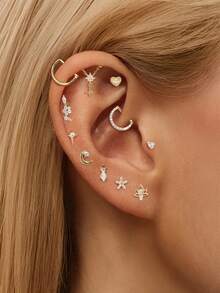 EleRunis 1件 925纯银心形星月莲花平底耳骨耳钉，适合日常佩戴、婚礼、派对、订婚、周年纪念、情人节等场合。 - 金色 - 查看 2