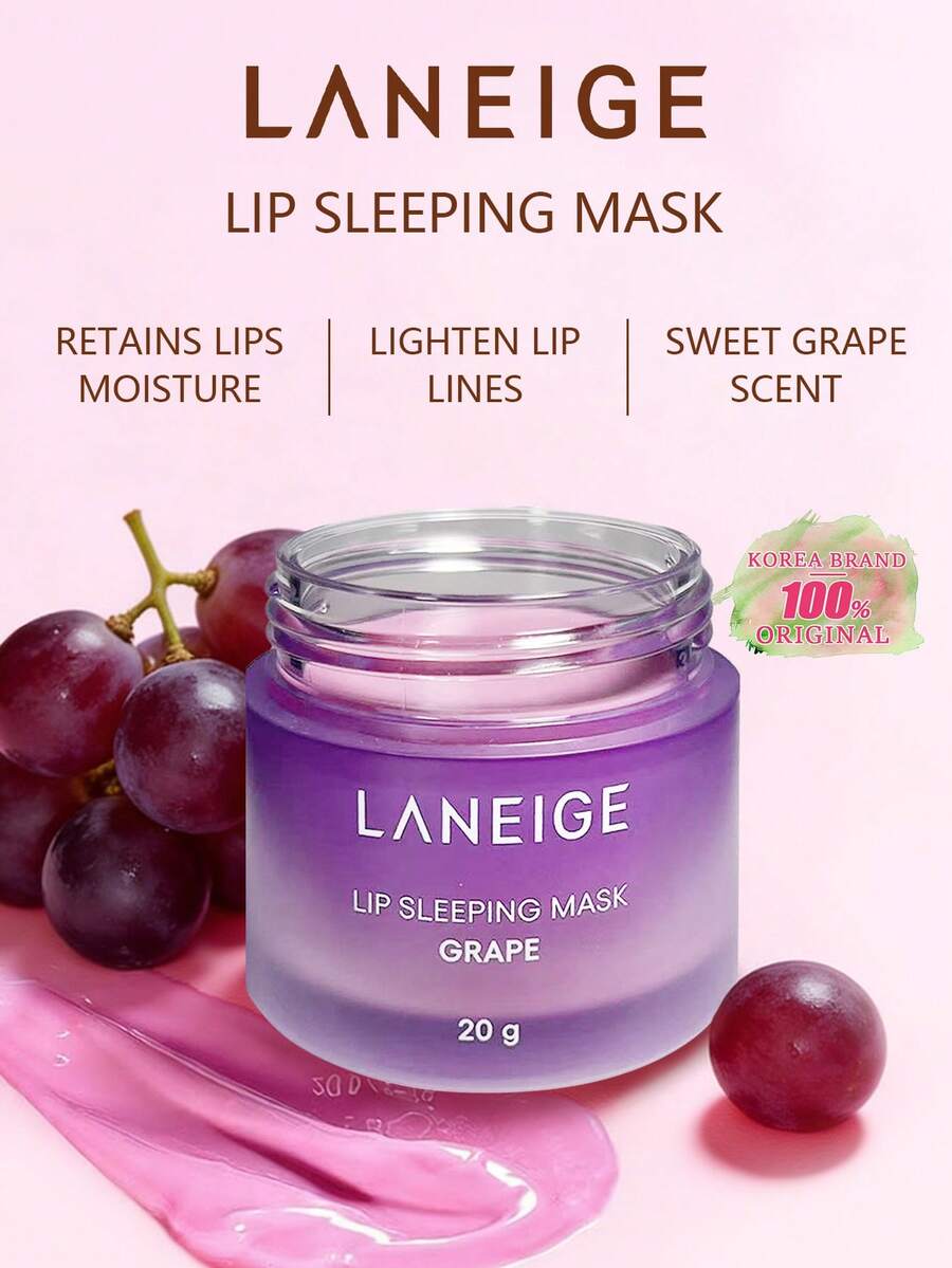 Laneige 20克葡萄唇部睡眠面膜，密集修护，深层补水，淡化唇纹，改善干燥起皮的唇部。富含维生素C和抗氧化剂，提亮唇色。锁住水分和营养，防止夜间水分流失。粉色啫喱质地，水润不黏腻，甜美浆果香氛 | 韩国化妆品，礼盒装，20克/0.70盎司。