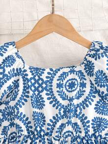 女童几何图案和热带植物印花方领花瓣袖鱼尾连衣裙 - 藍色 - 查看 5