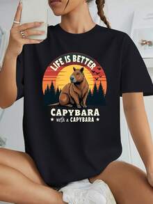 Camiseta con Gráfico de Capibara Negra |   Camiseta Divertida para Amantes de los Animales, La Vida es Mejor con un Capibara, Camiseta Casual Suave para Mujer, Lavable a Máquina, Cuello Redondo, Hombros Caídos, Esencial para el Verano - Negro - Ver 6