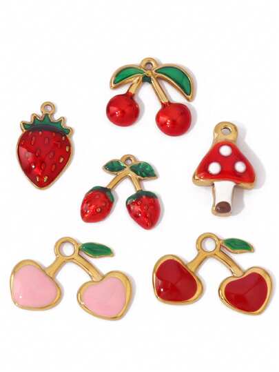 2 piezas de hallazgos de colgante de fresa y cereza de acero inoxidable esmaltado con baño de oro de 18K, encantos de seta para suministros de fabricación de joyas DIY y accesorios