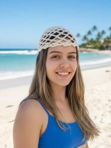 Handmade Crochet Headpiece Hat, Women's Accessory, Beachwear, Fishnet - Cream - View 3