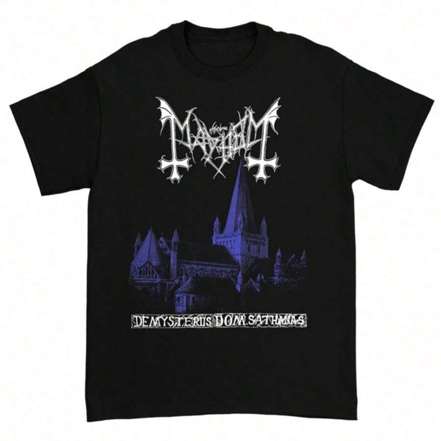 Mayhem Norwegian Band Black Metal Rock Dark Wind Red American Retro Punk Street Mens And Womens Crewneck T-Shirts - 黑色 - 查看 1