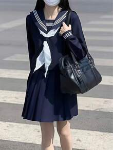 1件套学生制服角色扮演套装，藏蓝色JK制服套装，适合校园装扮、情人节派对、化装舞会、毕业照拍摄、下午茶约会等场合。 - 彩色 - 查看 4