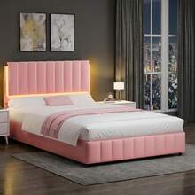 Queen Upholstered Bed Frame With LED Lights, Faux Leather Platform Bed With Headboard And Wooden Slats Support, No Box Spring Needed, Noise-Free, Easy Assembly, Twin/ Full/ Queen (USB LED Strip) - Hồng - Xem 10