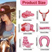 6pcs Pink Applique Cowgirl Embroidered Patches, Embroidered Iron On/Sew On Patches Cowboy Western Style Applique For Clothes, Dress, Hat, Jeans - C-pink - View 6