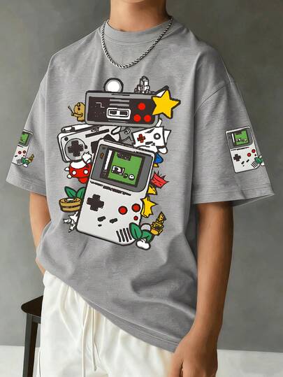Vintage Robot & Game Controller Print Round Neck Short Sleeve T-Shirt For Teenage Boys, New Summer & Autumn Kids Clothing