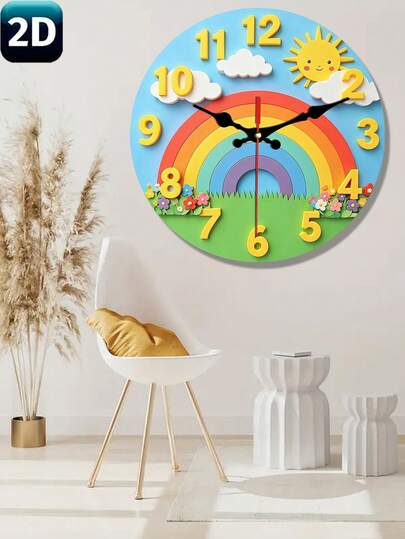 Rainbow Clock, Happy Learning Time Silent Wooden Wall Clock - Living Room Wall Decor, Holiday Gift (Batteries Not Included), Suitable For Home, Office, Bedroom, Valentine's Day, Easter, Mother's Day