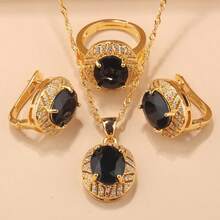 4件套925纯银/18K镀金时尚婚庆首饰套装，包含彩色立方氧化锆耳环、吊坠和戒指，是新娘配饰、圣诞节、感恩节、生日礼物的理想之选，适合女性佩戴。 - 黑色 2 - 查看 21