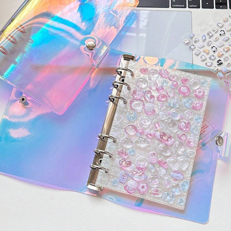 Carpeta de hojas sueltas transparente tamaño A5/A6/A7, libro de pegatinas grande, álbum de pegatinas con papel de desprendimiento, libro de pegatinas transparente portátil, libro de pegatinas, bolsa de almacenamiento de fotos, álbum de fotos, planificador de presupuesto, diario, cuaderno, libro de pegatinas de suministros de oficina - Multicolor - Ver 1