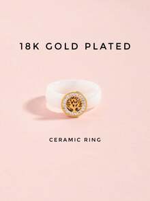 1pc 18K Gold Plated Stainless Steel Life Tree Ceramic Cubic Zirconia Ring, Women's Jewelry, Wedding Party Date Gift - White Gold - View 6